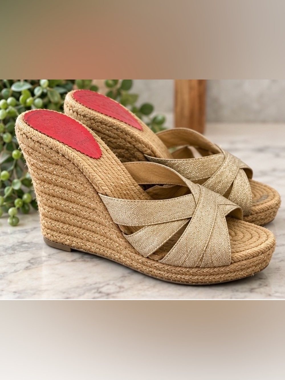 CHRISTIAN LOUBOUTIN Gold Ribbon Espadrille Wedges Size 39